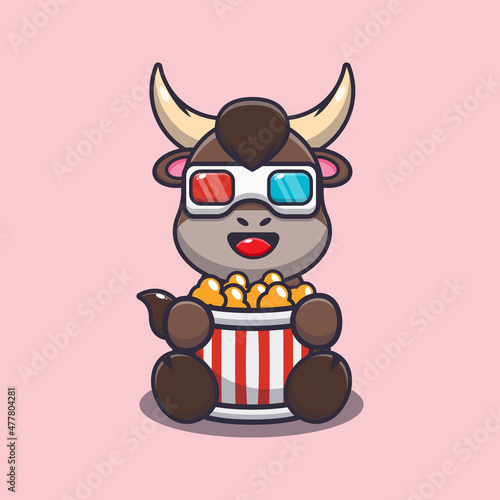 Cute bull eating popcorn and watch 3d movie. Cute cartoon animal illustration.