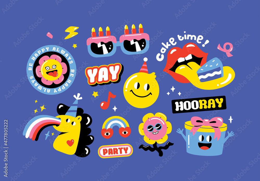 Set of  birthday party funny and cute characters design. Stickers and patches vector illustration.