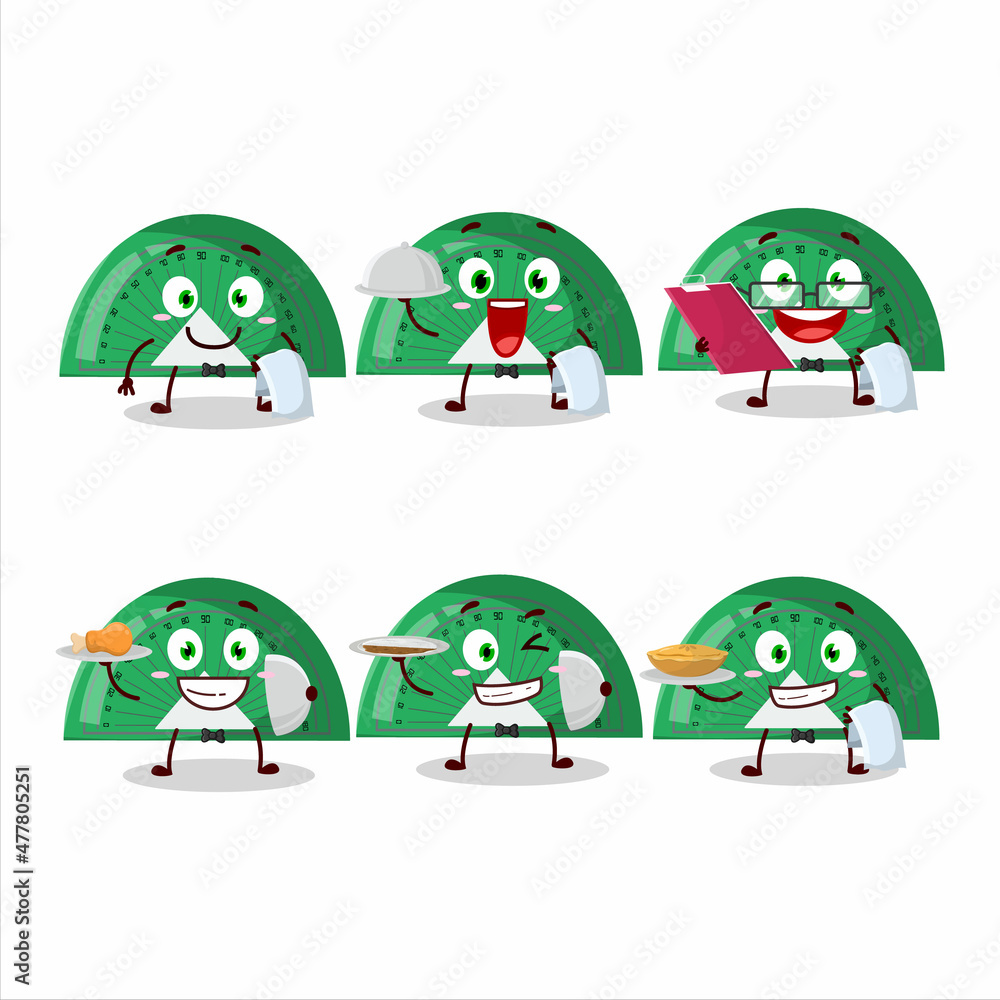 Fototapeta premium happy green arc ruler waiter cartoon character holding a plate