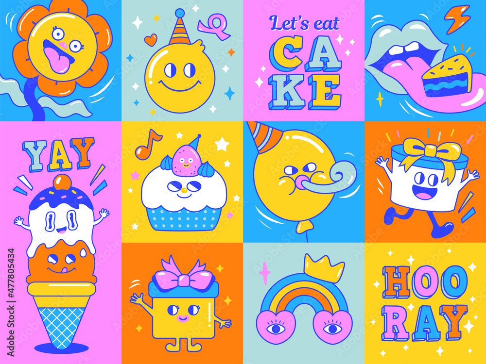 Birthday greeting card with funny and cute characters design. 