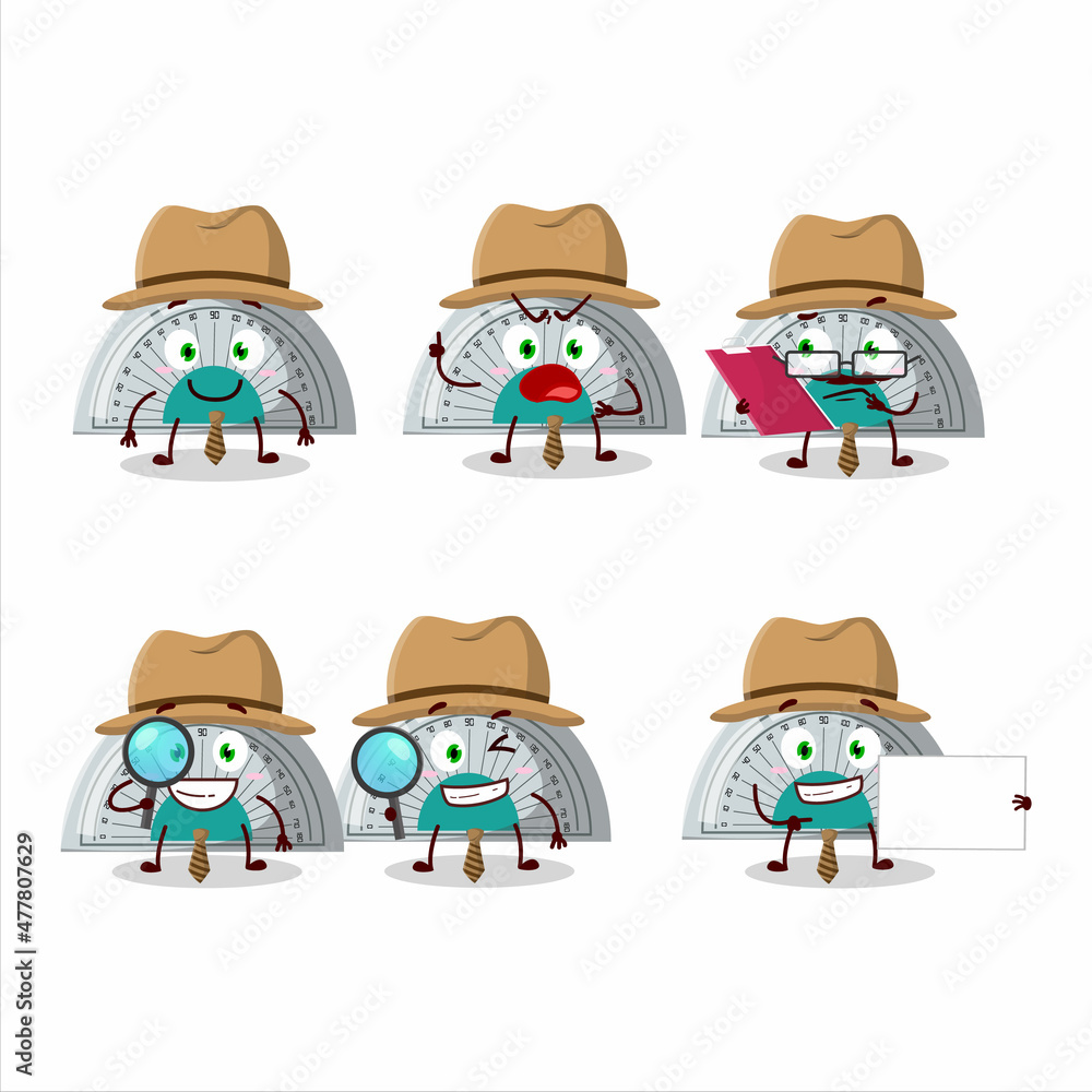 Fototapeta premium Detective white arc ruler cute cartoon character holding magnifying glass