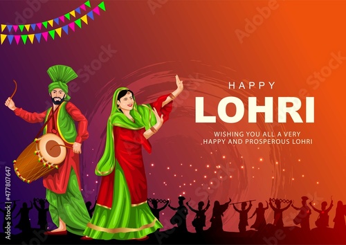 Happy Lohri festival of Punjab India background. group of people playing lohri dance. vector illustration design