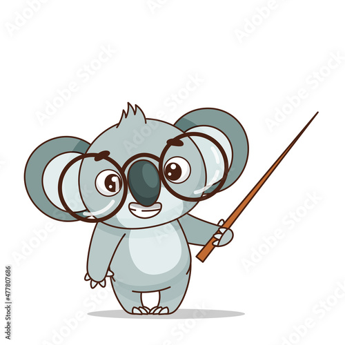 A cute panda in huge glasses is holding a pointer. The teacher is pointing to something. Back to school. Vector illustration for designs, prints and patterns.