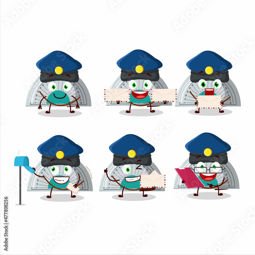 A picture of cheerful white arc ruler postman cartoon design concept