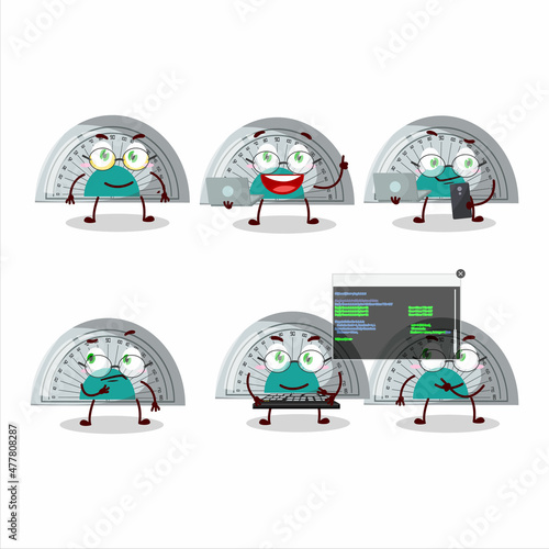 White arc ruler Programmer cute cartoon character with