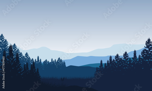 Beautiful mountain view with a pine tree silhouette from the edge of the city