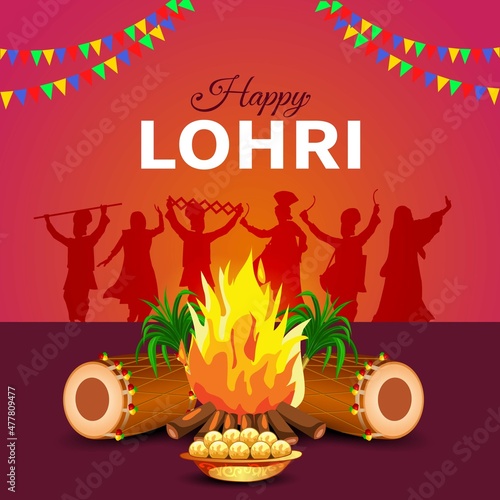 Indian Punjabi festival of lohri celebration fire background with decorated drum and sugar cane. vector illustration design.