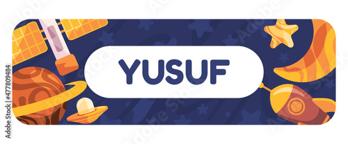Children label name tag astronomy sky space object planet satelite ricket star moon card identification sticker room graphic