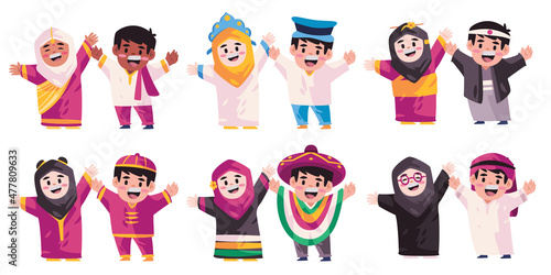 Kids children couple girl boys greetings smile wearing traditional ethnic clothing costume of Japanese Indian chinese arab mexican ethnicity