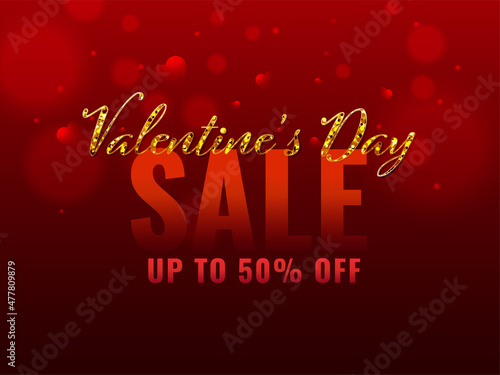 Valentine's Day Sale Poster Design With 50% Discount Offer On Red Bokeh Background.