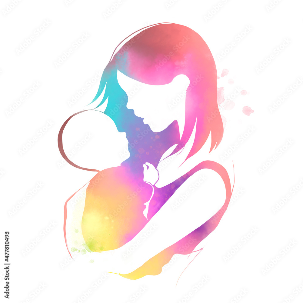 Happy mother's day. Happy mom with her baby silhouette plus abstract watercolor painting with clipping path.