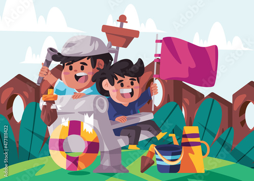 kids children role play pirate ship vector cartoon have fun playtime childhood boys