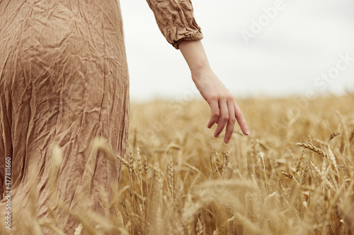 Woman hands the farmer concerned the ripening of wheat ears in early summer harvest