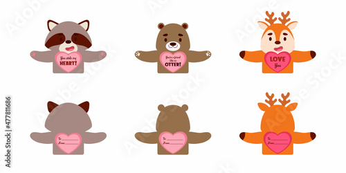 Cute animal Valentines Day gift cards candy holder cards for kids. Great gift option school classroom prizes, gift exchange, Valentine party favors, love notes and more. Vector stock illustration