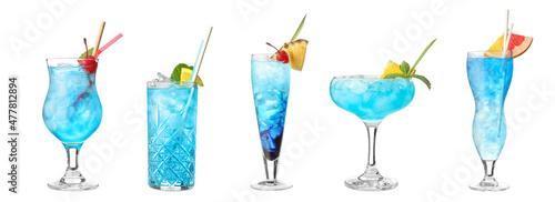 Glass of Blue Lagoon cocktail on white background