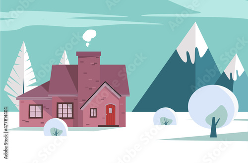 Abstract vector illustration of winter landscape with house and trees. Idea for wallpaper, holiday greeting cards, postcards .