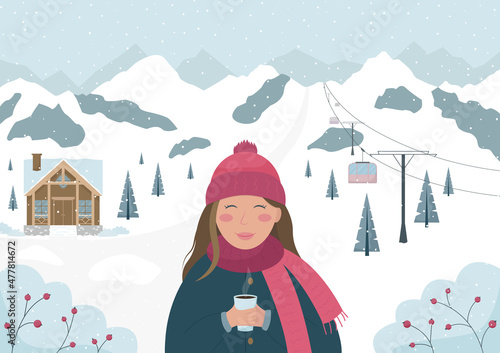 Young woman is drinking hot chocolate at the ski resort. Concept vector illustration in flat style.