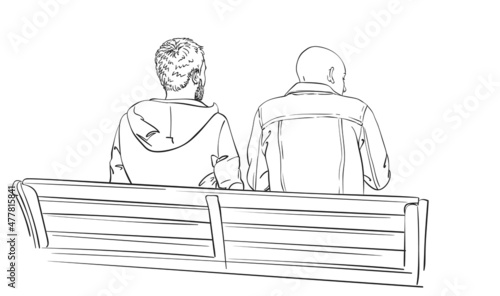 man sitting on bench back view vector sketch