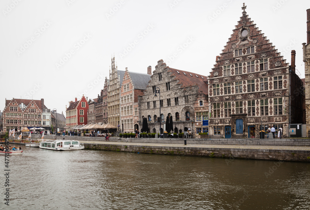Views of Graslei and 16th-century guild houses along the River Leie, Ghent, Belgium.