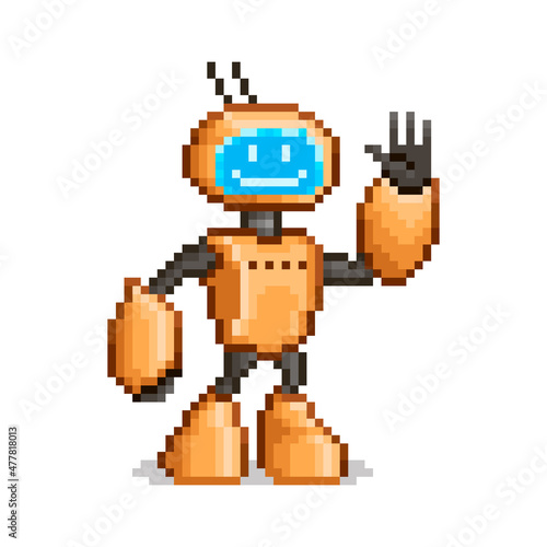 colorful simple flat pixel art illustration of cartoon red smiling anthropomorphic robot with a display instead of a face