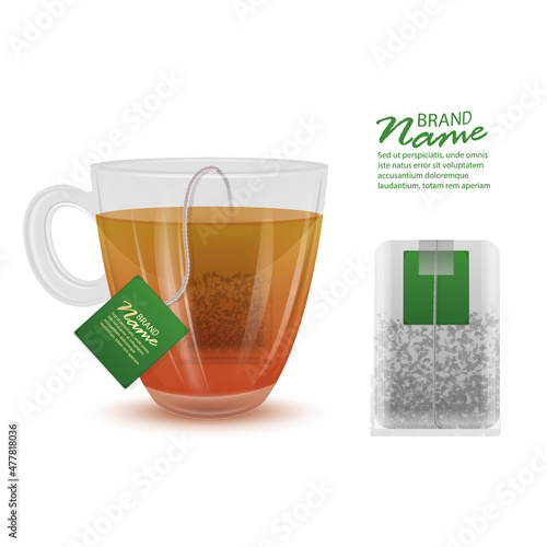 Glass cup with saucer with black tea and tea bag inside isolated on white background. Hot black tea, Vector format