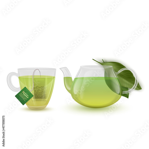 Glass cup with saucer with Green tea and tea bag inside isolated on white background. Hot Green tea, Vector format