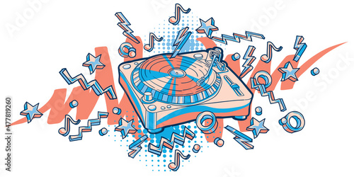Funky colorful hand drawn musical turntable and notes