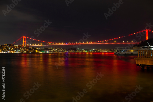 Scenic view of the Fatih Sultan Mehmet Bridge during the night in Istanbul, Turkey