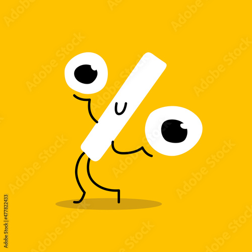 Funny character percentage runs. He is smiling and cheerful. On a yellow background tells about the discount.