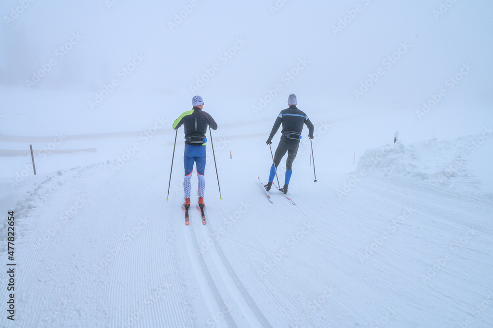 Couple have active time in winter nature, nordic ski photo