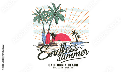 Summer vibes vintage graphic print  design for t shirt print, poster, sticker, background and other uses. Palm tree with surfing board print artwork.