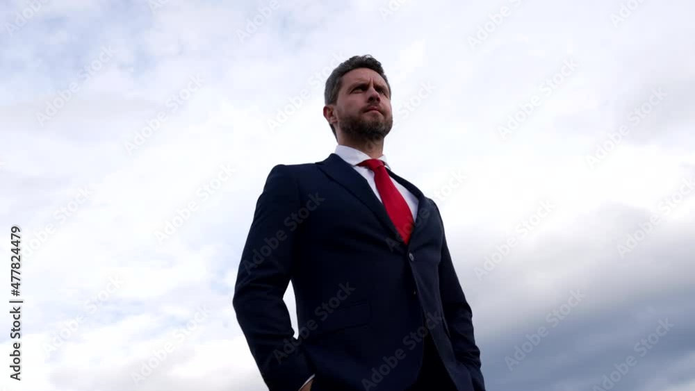 adult grizzled entrepreneur express confidence on sky background, success adult grizzled entrepreneur express confidence on sky background, success