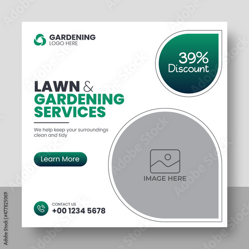 Lawn or gardening service social media post and web banner template