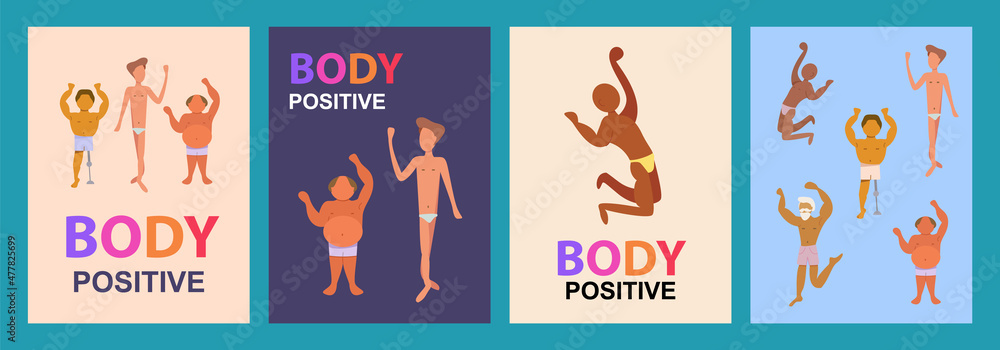 Male body positive vertical cards with love to own figure, self acceptance isolated vector illustration. Group of difference and diversity man