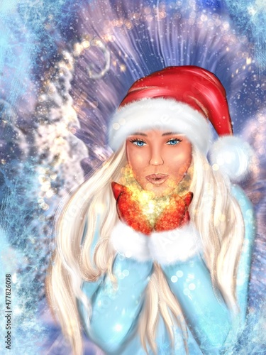 snow maiden in santa claus hat