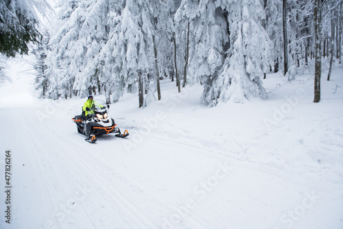 Snowmobile, winter forest, white snow, nature