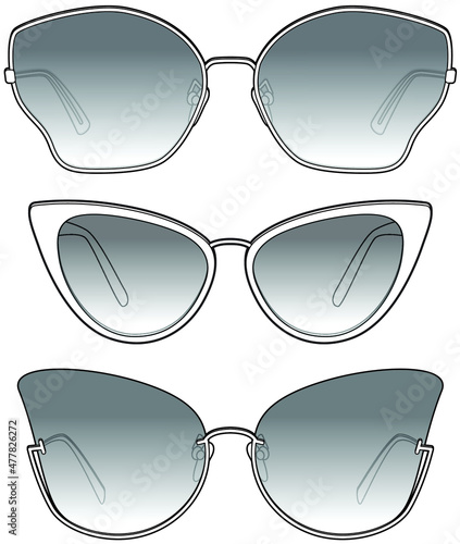 Cat eye sunglass, Glasses, Shades, Sunglasses Set, Eye Accessory. Vector, Silhouettes, Illustration, CAD, Technical Drawing, Flat Drawing.