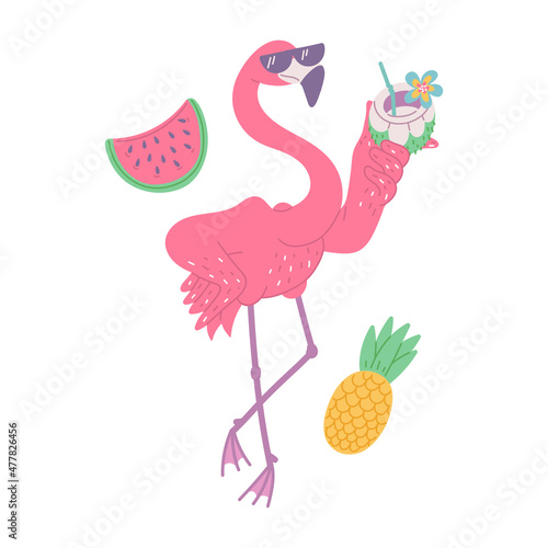 pink flamingo with cocktail and sunglasses. African bird cartoon flat illustration.