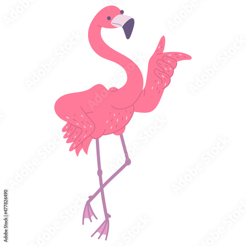 Cute pink flamingo ok. African bird cartoon flat illustration.