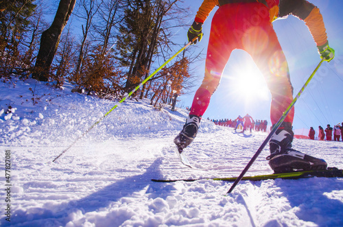 Nordic ski skier on the track in beautiful forest in sunrise light - sport active photo with space for your montage - Illustration picture for game in China