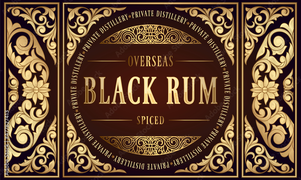 Black Rum - golden ornate retro decorative label