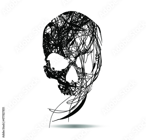 Vector black skull with messy lines isolated on white background.