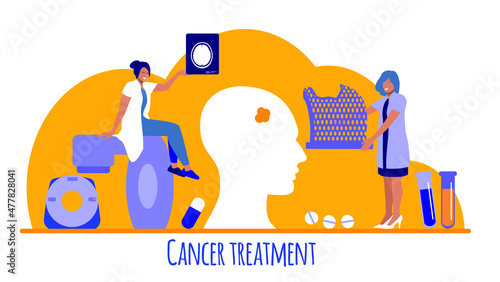 Doctors – oncologist and radiation therapist - with a human head profile as a concept of a brain cancer treatment. A vector flat illustration, tiny person concept.