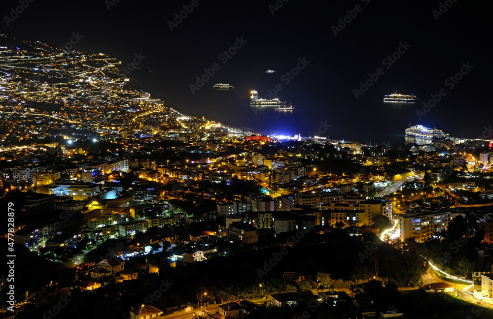 City lights and cruise ships, Funchal, Madeira Island, Portugal
