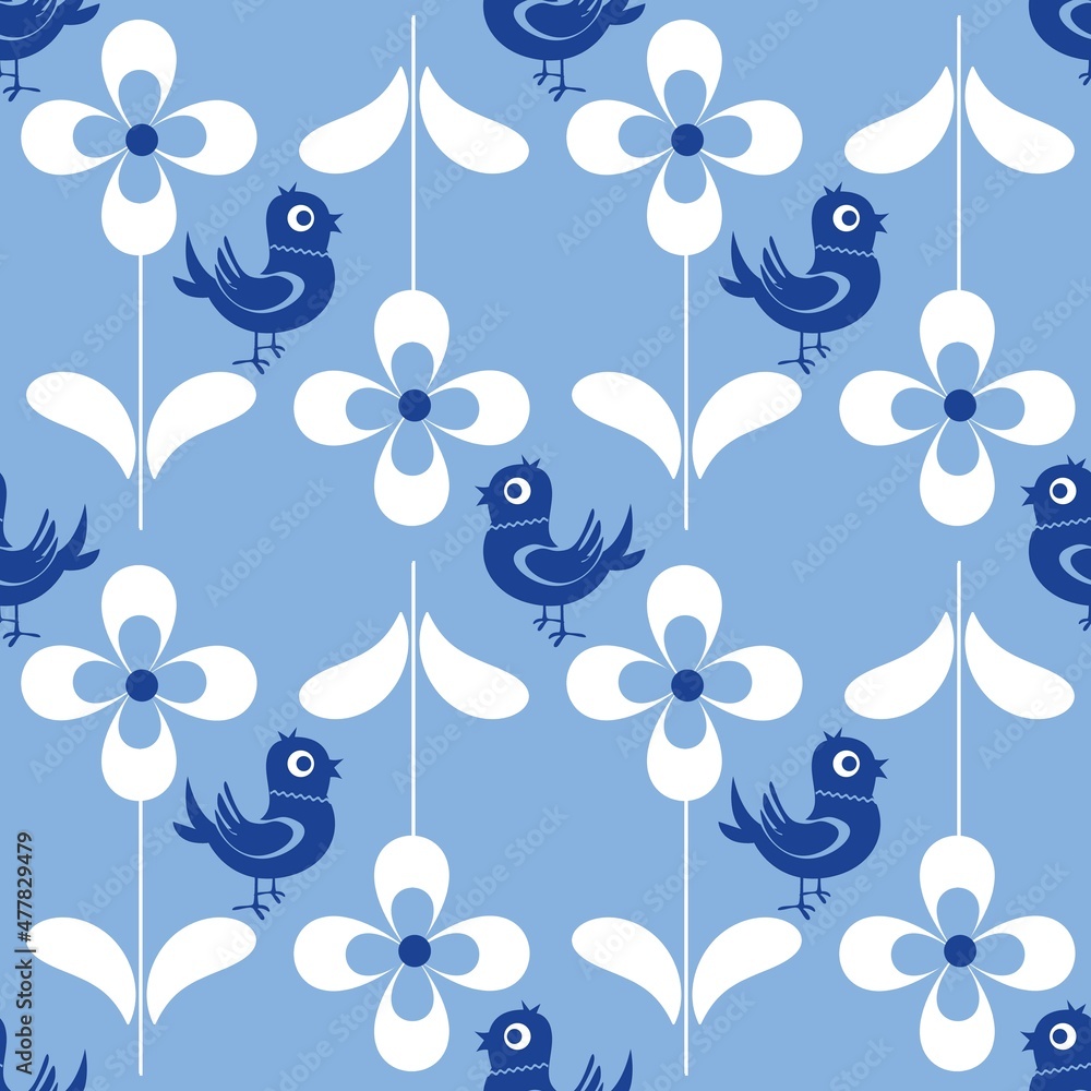 Cartoon seamless background in blue and white for kids. Seamless texture tile with vintage motives...Cheerful regular pattern for children with birds. Blue and white design for printing.