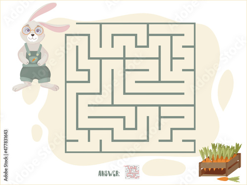 Children's puzzle game. Labyrinth. Educational logic games. Help the rabbit find the carrot. Vector illustration.