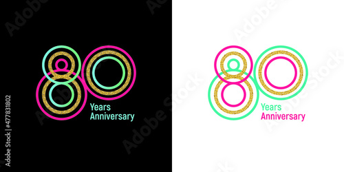 Elegant 80th anniversary logo template made from vibrant ribbons. Option on a dark and light background. Text in a vector file is easy to edit