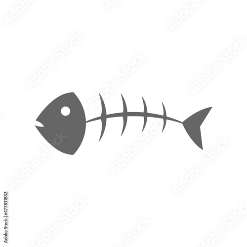 Fish bones on white background. Gray fishbone icon, symbol or sign. Fish skeleton. Dead fish concept. Wildlife environmental conservation. Water pollution idea. Vector illustration, flat, clip art. 