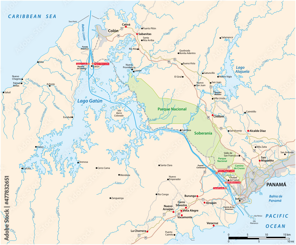 Vector map of the 82 kilometer long waterway Panama Canal, Panama