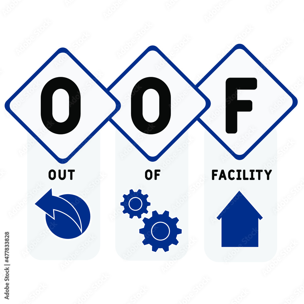 OOF - Out Of Facility acronym. business concept background. vector illustration concept with keywords and icons. lettering illustration with icons for web banner, flyer, landing pag OOF - Out Of Facility acronym. business concept background. vector illustration concept with keywords and icons. lettering illustration with icons for web banner, flyer, landing pag